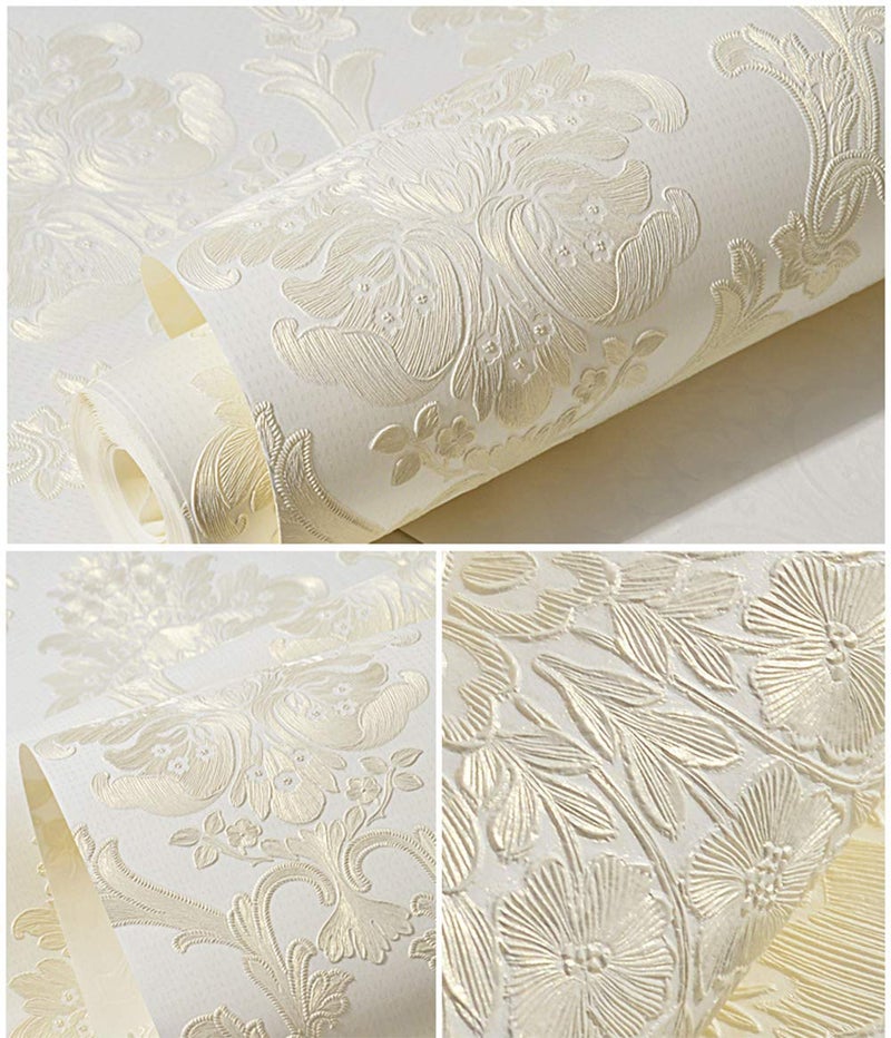 TAOGIFT Victorian Damask Embossed Wallpaper Peel and Stick Wall Paper Mural for Bedroom Bathroom Living Room Home Decoration (53cmx5m, Beige) - Image 1